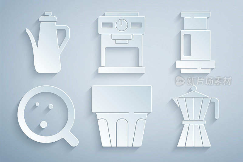 Set Glass with water, Aeropress coffee，咖啡杯，摩卡咖啡壶，机器和茶壶图标。向量
